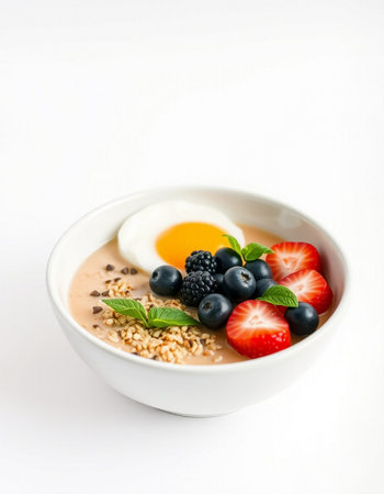 Healthy breakfast bowl with berries on white background.の写真素材