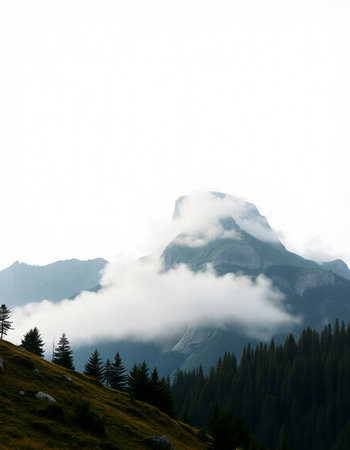 Mountain landscape with fog and clouds in the Dolomites, Italyの写真素材