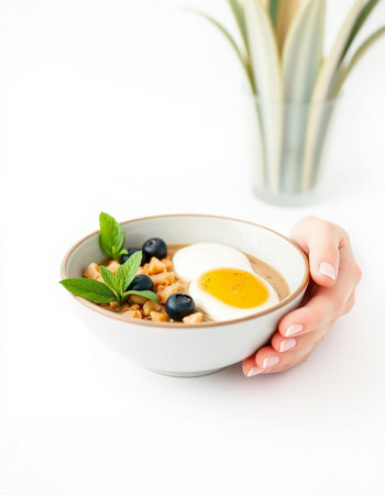 Healthy breakfast bowl with oatmeal, blueberries and egg in woman's handの写真素材