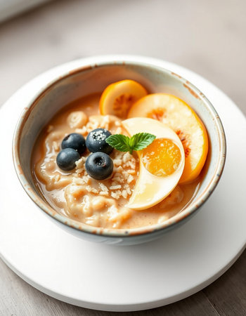 Oatmeal porridge with peach and blueberry, selective focus.の写真素材