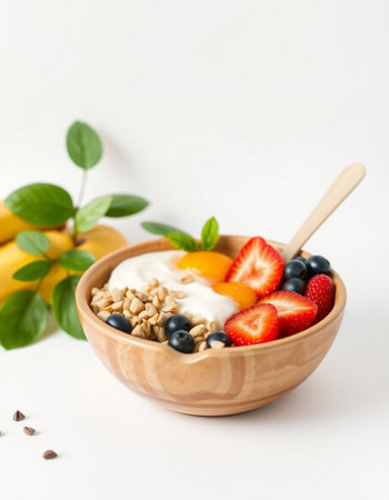bowl of muesli with fresh berries and yogurt on white backgroundの写真素材