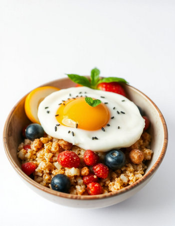 Healthy breakfast with oatmeal, berries and fried egg on white backgroundの写真素材