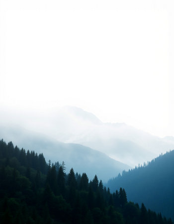 Foggy mountain landscape with fir trees and copyspace.の写真素材