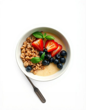 bowl of muesli with strawberries and blueberries isolated on white backgroundの写真素材