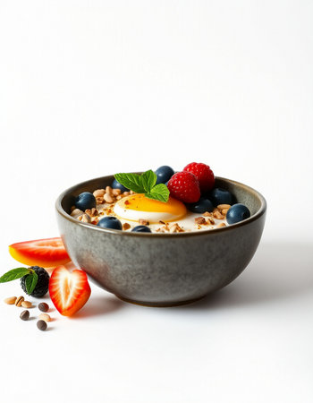 Muesli with fresh berries and egg in bowl on white backgroundの写真素材