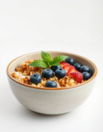 bowl of muesli with fresh berries and mint on white backgroundの写真素材