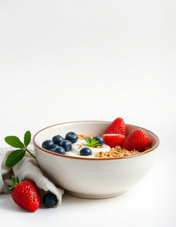 Healthy breakfast. Muesli with yogurt and fresh berries on white backgroundの写真素材