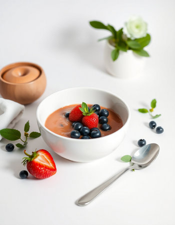 Chocolate mousse with fresh berries in a bowl on white backgroundの写真素材