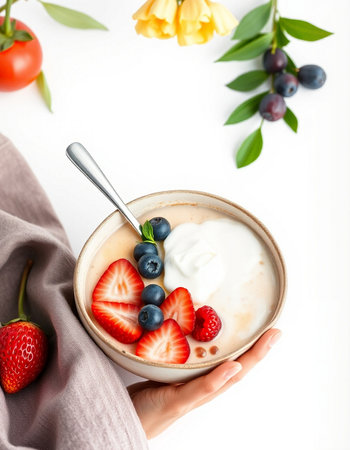 Healthy breakfast. Bowl of yogurt with fresh berries on white backgroundの写真素材