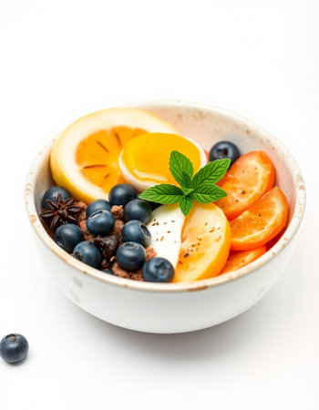 Healthy breakfast. Oatmeal with fruits, berries and milk isolated on white backgroundの写真素材