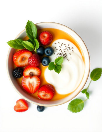 Yogurt with fresh berries and mint in bowl on white backgroundの写真素材