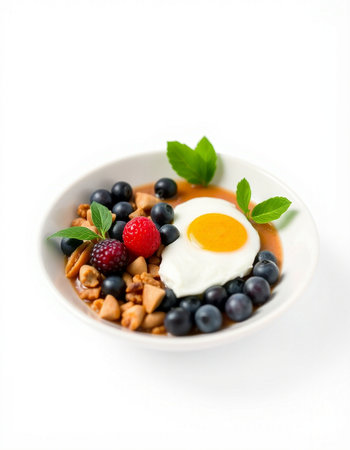 Breakfast with egg, berries and nuts on white backgroundの写真素材