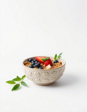 Muesli with fresh berries in a bowl on a white backgroundの写真素材