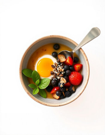 Healthy breakfast bowl with berries, nuts and honey on white backgroundの写真素材