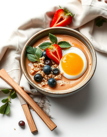 Breakfast bowl with oatmeal, berries and egg on white backgroundの写真素材