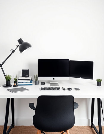 workplace with computer, mouse, chair and lamp in modern officeの写真素材