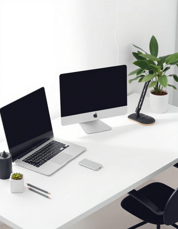 Modern workspace with blank screen computer monitor, laptop and stationery on white table. Mock up, 3D Renderingの写真素材