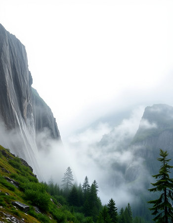Mountain landscape with fog and clouds, Yosemite National Park, California, USAの写真素材