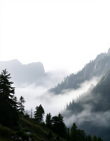 Beautiful mountain landscape with fog and pine trees in the foreground.の写真素材