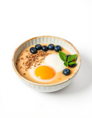 Bowl of oatmeal porridge with blueberries and eggの写真素材
