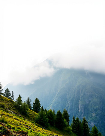 beautiful mountain landscape with fir trees on the slope and cloudy skyの写真素材