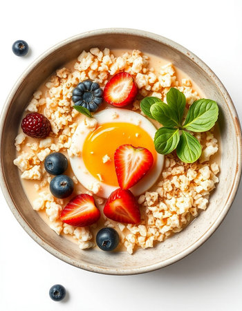 Oatmeal porridge with berries and egg in a bowl, top viewの写真素材