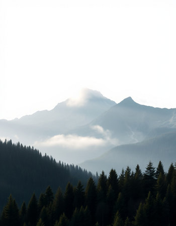 Mountains in the mist with coniferous forest in the foregroundの写真素材