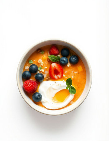 Yogurt with berries and soft-boiled egg on white backgroundの写真素材