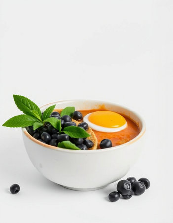 Tomato soup with blueberries and egg in bowl on white backgroundの写真素材