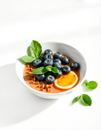 Bowl of berry soup with egg yolk on white backgroundの写真素材