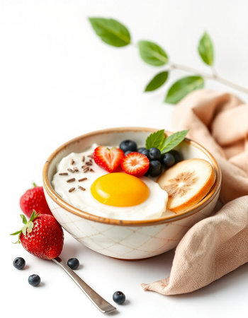 Breakfast with yogurt, berries and fried egg on a white backgroundの写真素材