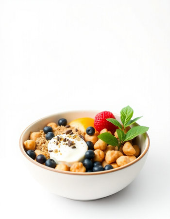 Healthy breakfast bowl with berries and yogurt on white backgroundの写真素材