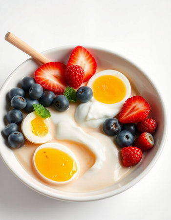 Healthy breakfast bowl with yogurt, fresh berries and egg yolkの写真素材