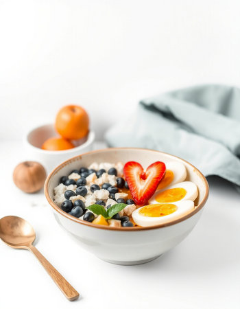Healthy breakfast with berries and eggs on white backgroundの写真素材