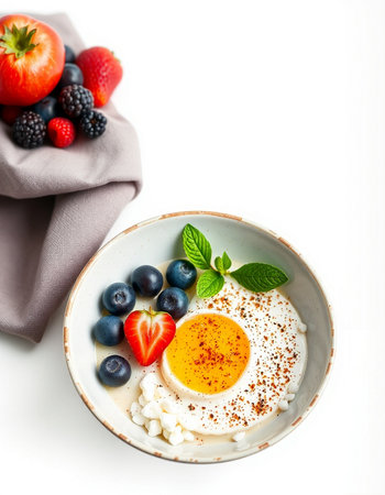 Healthy breakfast with fresh berries on white backgroundの写真素材