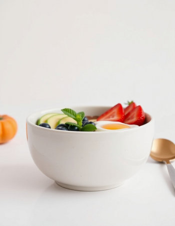 Fresh fruit salad in white bowl on white background. Healthy food concept.の写真素材