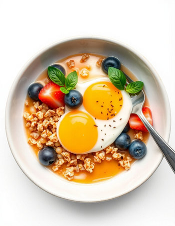 Bowl of oatmeal porridge with fresh berries and fried eggの写真素材