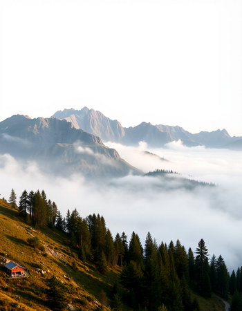 Foggy morning in the swiss alps, Switzerland.の写真素材