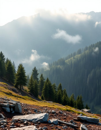 Beautiful mountain landscape with fog and clouds. Caucasus, Russia.の写真素材