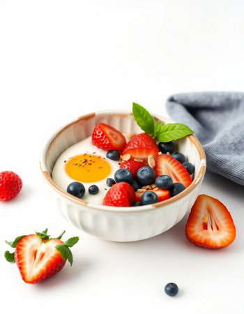 Yogurt with strawberries and blueberries in a bowl on a white backgroundの写真素材