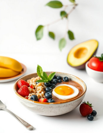 Healthy breakfast bowl with oatmeal porridge, fresh berries, avocado and eggの写真素材