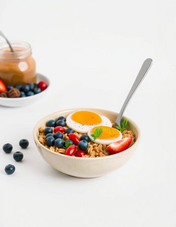 Healthy breakfast with oatmeal, berries and eggs on white backgroundの写真素材