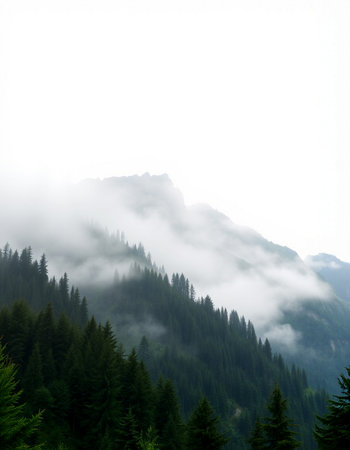 Foggy mountain landscape with coniferous forest on the foregroundの写真素材