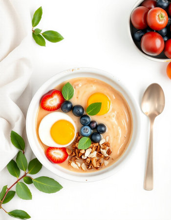 Healthy breakfast bowl with oatmeal, berries and egg on white backgroundの写真素材