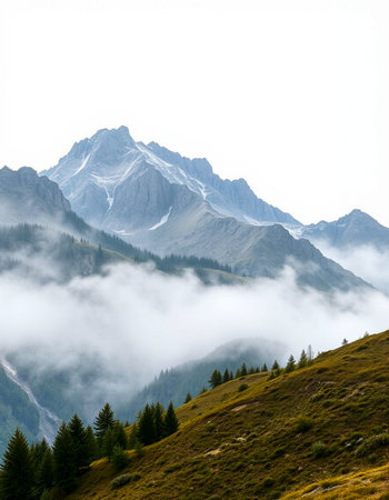 Mountain landscape with fog and clouds. Caucasus Mountains, Georgia.の写真素材