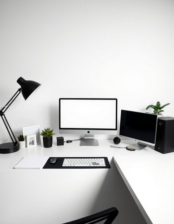 Modern workspace with computer and stationery on table. 3d renderの写真素材