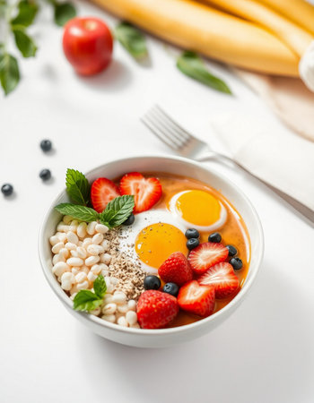 Healthy breakfast bowl with omelet, eggs, berries and beans on white backgroundの写真素材