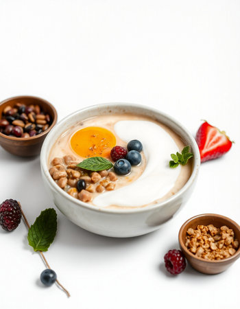 Healthy breakfast with oatmeal, yogurt and berries on white backgroundの写真素材