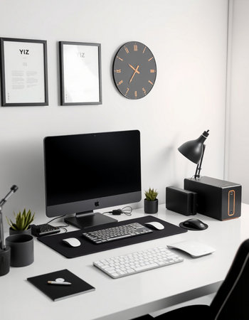 Workplace with computer and stationery on white table, 3d renderの写真素材
