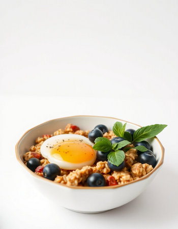 Healthy breakfast with oatmeal, berries and egg on white backgroundの写真素材